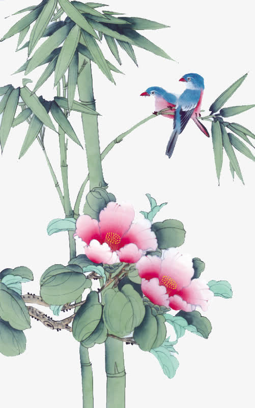 喜鹊竹叶粉色花朵免抠