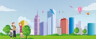 暑假全家出游卡通扁平楼房蓝色背景高清