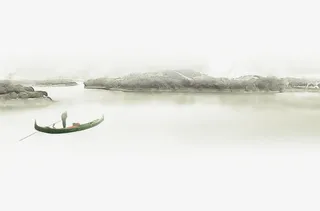 古风水江边泛舟水墨画免抠