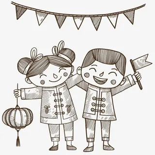 手绘新年男孩和女孩矢量免抠