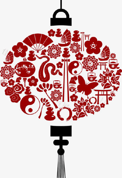 中国风红色剪纸拼图灯笼免抠