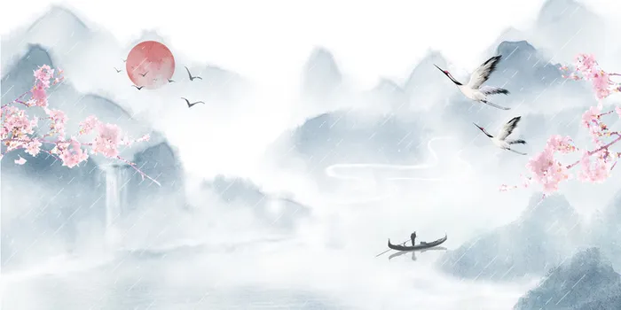 水墨清明节花枝春天仙鹤元素图高清卡通手绘背景