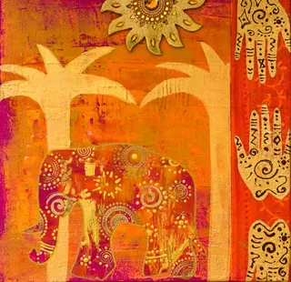 手绘绚丽大象椰子树手纹免抠