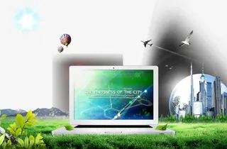 电脑建筑绿色草地网络科技免抠