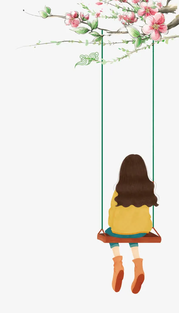 卡通手绘荡秋千的少女插画免抠