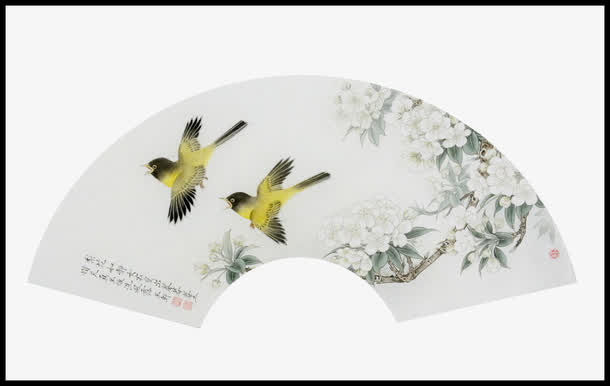 黄鹂双飞扇面免抠