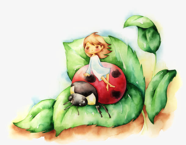手绘绿色小草瓢虫女孩免抠