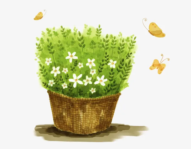 绿色花盆手绘插画免抠