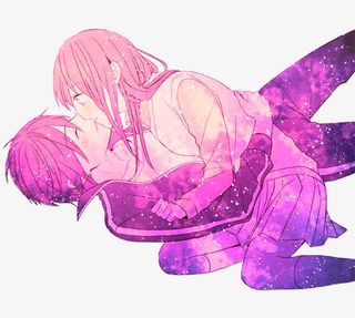 卡通立绘紫色炫光男孩女孩亲吻爱情免抠