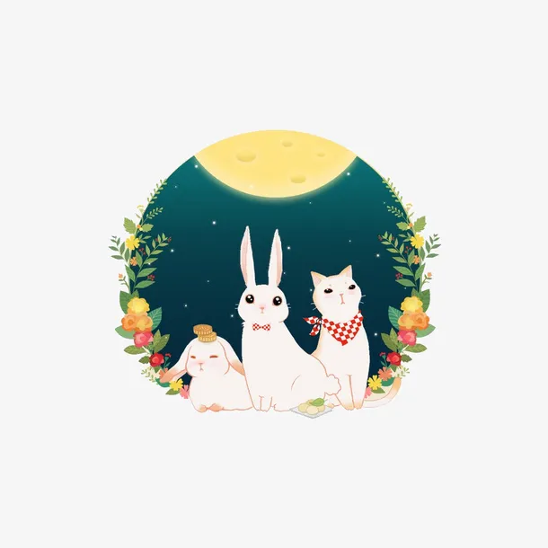 卡通月亮上的小兔子设计免抠