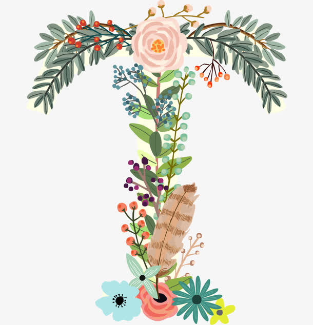 手绘植物花卉创意英文字母T免抠
