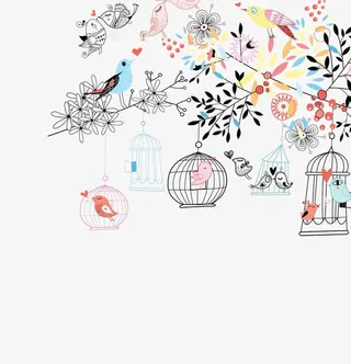 手绘卡通鸟笼树枝免抠