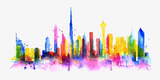 水彩水墨城市剪影免抠