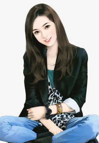 手绘黑西服美女免抠