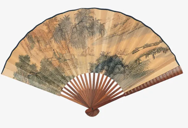 山水画古扇素材免抠