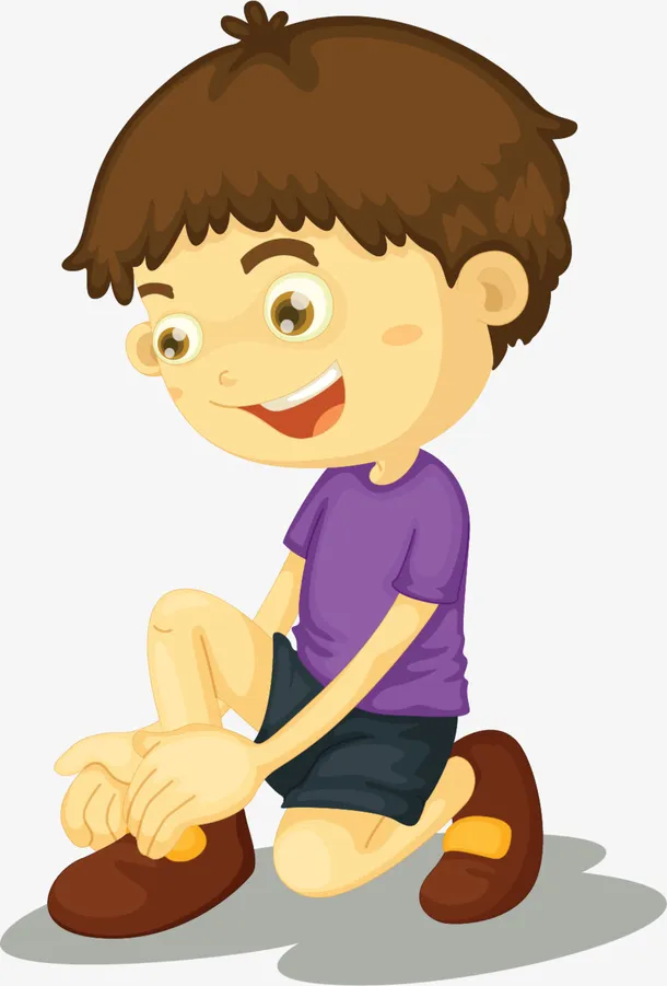 蹲下系鞋带的短发男孩免抠