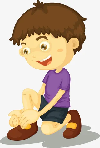 蹲下系鞋带的短发男孩免抠