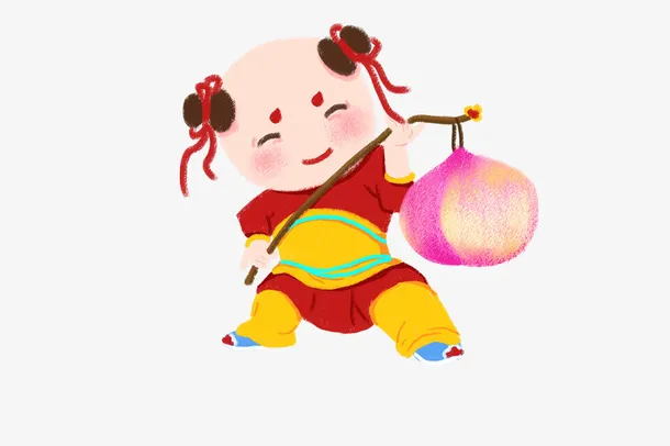 手绘春节传统年画福娃手提灯笼免抠