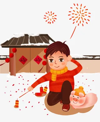 手绘新年冬季放炮仗男孩免抠