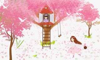 春天手绘女孩樱花花瓣免抠