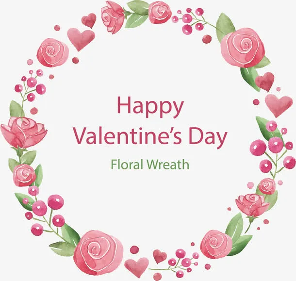 浪漫水彩粉红花环免抠