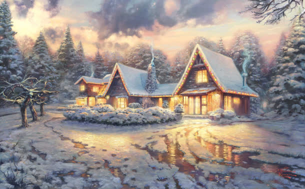 小屋灯火透明雪景冬天寒冷免抠