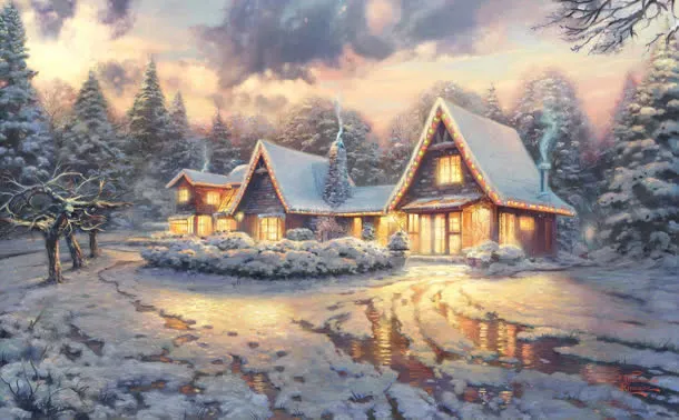 小屋灯火透明雪景冬天寒冷免抠