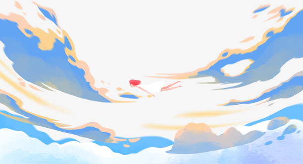 手绘插画风云彩里的女孩免抠手绘/卡通手绘元素
