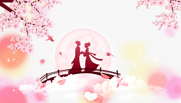樱花手绘树枝桥梁牛郎织女剪影免抠手绘/卡通手绘元素