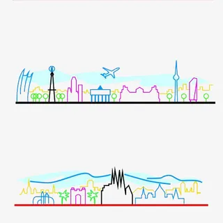 城市简笔卡通两幅免抠