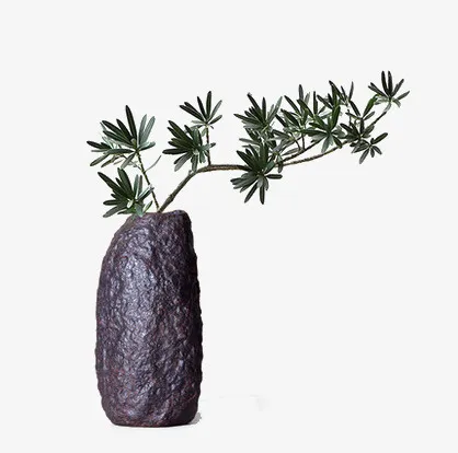 石头瓶子树枝植物免抠