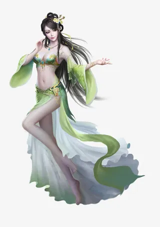 古风绿衣美女游戏原画免抠