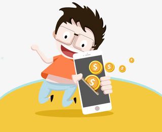 卡通青年拿着手机金币背景