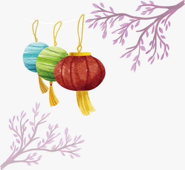 水彩手绘树枝灯笼免抠