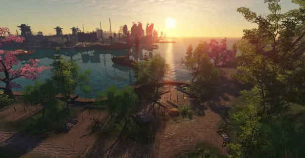 唯美日落古风小镇游戏场景免抠