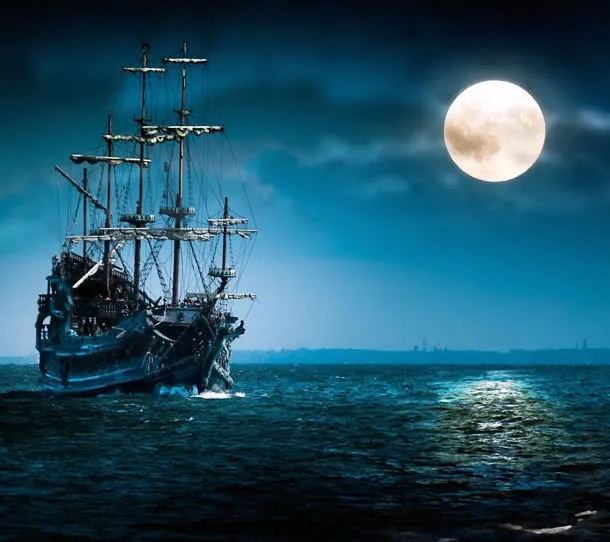 月亮海水船舶夜晚免抠