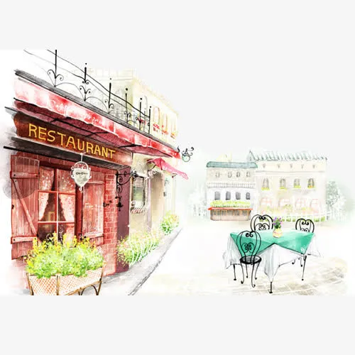手绘水彩欧式街景风光插画免抠