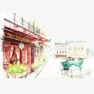 手绘水彩欧式街景风光插画免抠 手绘水彩欧式街景风光插画免抠