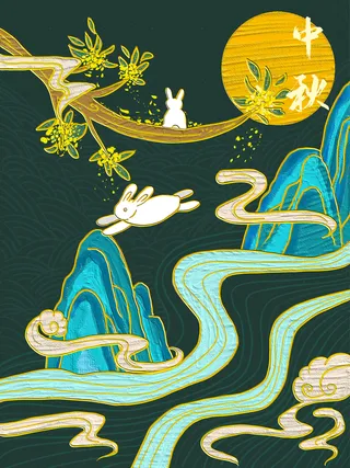 中秋背景兔子月亮树枝祥云高清