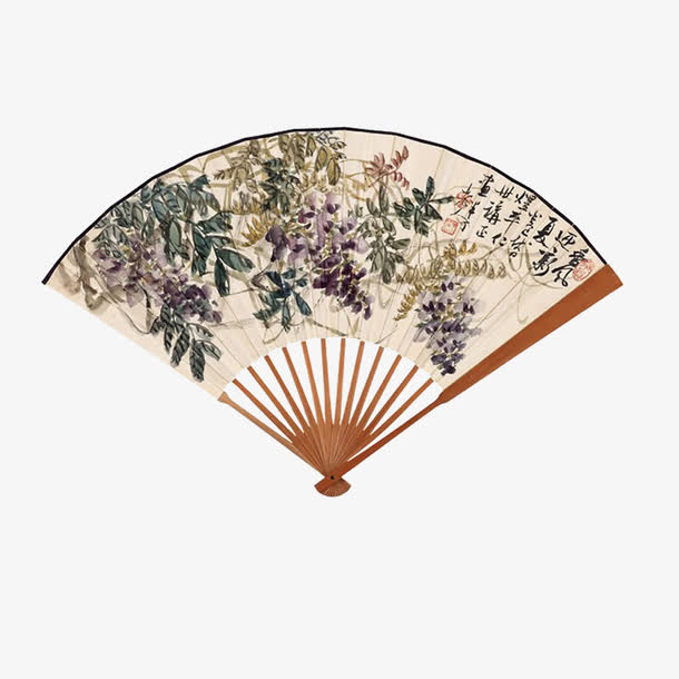 紫藤工笔画折扇免抠