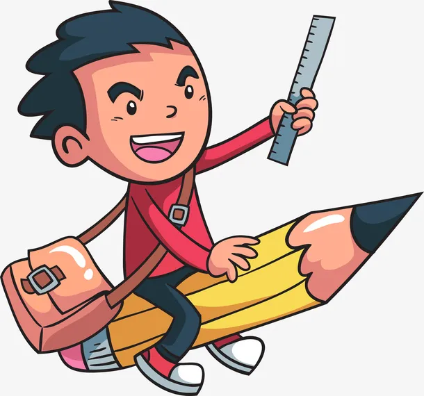 开学季手绘卡通学生骑着铅笔上学免抠