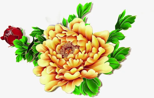 高清摄影手绘绿色叶子黄色花朵免抠