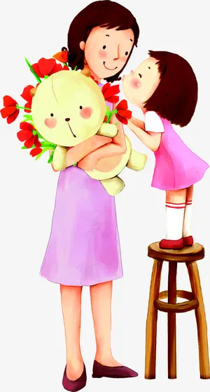 可爱卡通母爱人物母女鲜花免抠