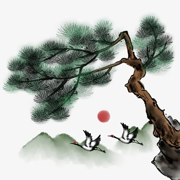 水墨仙鹤松树素材元素免抠