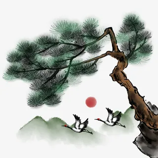 水墨仙鹤松树素材元素免抠