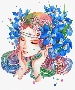 少女和蓝色鲜花免抠