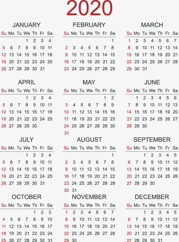 2020年日历 日历 2020免抠装饰ppt元素