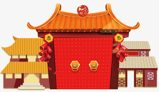 狗年春节古典建筑插画免抠