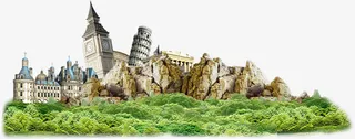 梦幻户外美景山峰建筑草地免抠