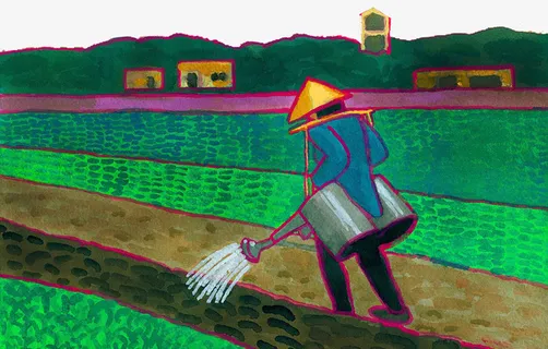 手绘装饰插图农田浇水的农民免抠